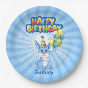 Blue Bunny Birthday Cartoon Paper Plate