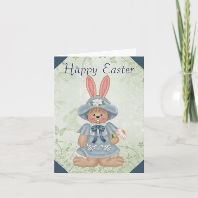 Blue Bunny Cute Happy Easter Greeting Card (Front)