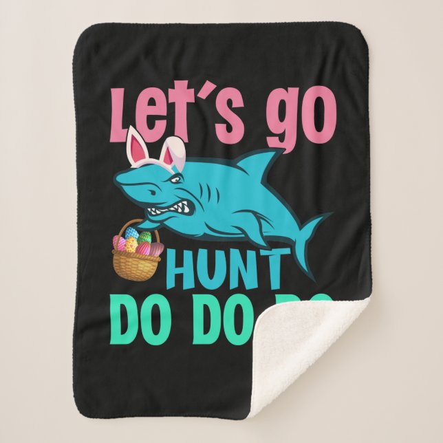 Blue Bunny Ears Shark Easter Egg Hunt Sherpa Blanket (Front)