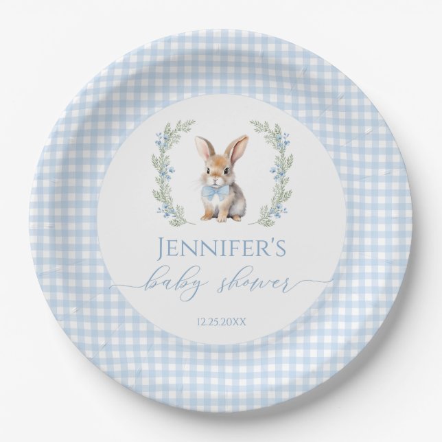 Blue bunny Easter rabbit gingham baby boy shower Paper Plate (Front)