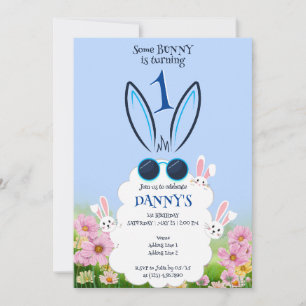 Blue Bunny Flower Garden Spring Summer Birthday Invitation