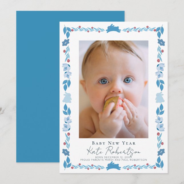 Blue Bunny Folk Art Baby New Year Photo Card (Front/Back)