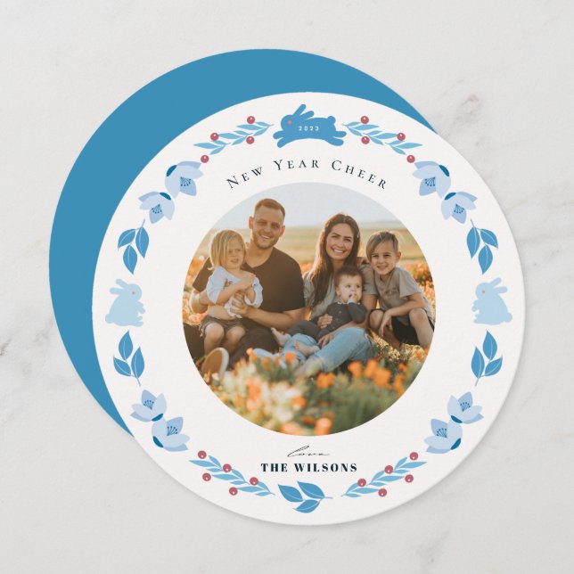 Blue Bunny Folk Art New Year Holiday Photo Card (Front/Back)