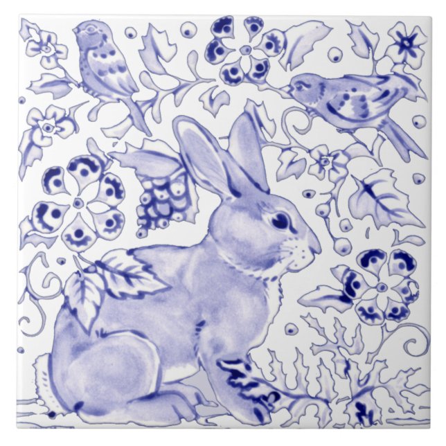 Blue Bunny Rabbit Farmhouse Delft Dedham Art Tile (Front)