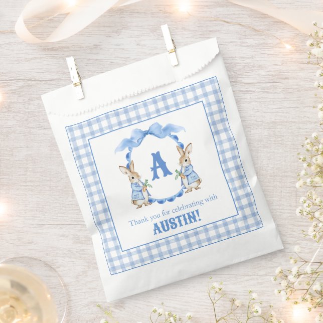 Blue Bunny Rabbit Gingham Monogram Crest Favour Bags (Clipped)