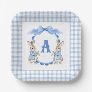 Blue Bunny Rabbit Gingham Monogram Crest Paper Plate