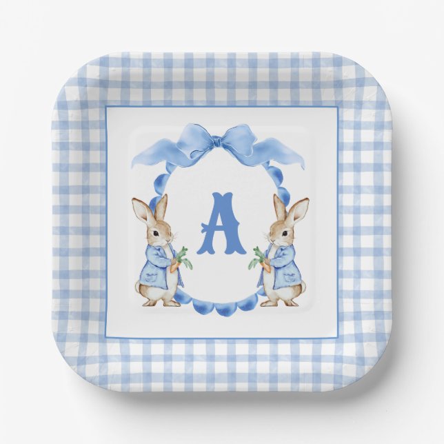 Blue Bunny Rabbit Gingham Monogram Crest Paper Plate (Front)