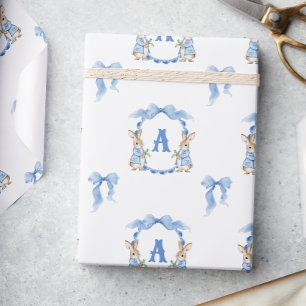 Blue Bunny Rabbit Gingham Monogram Crest Wrapping Paper