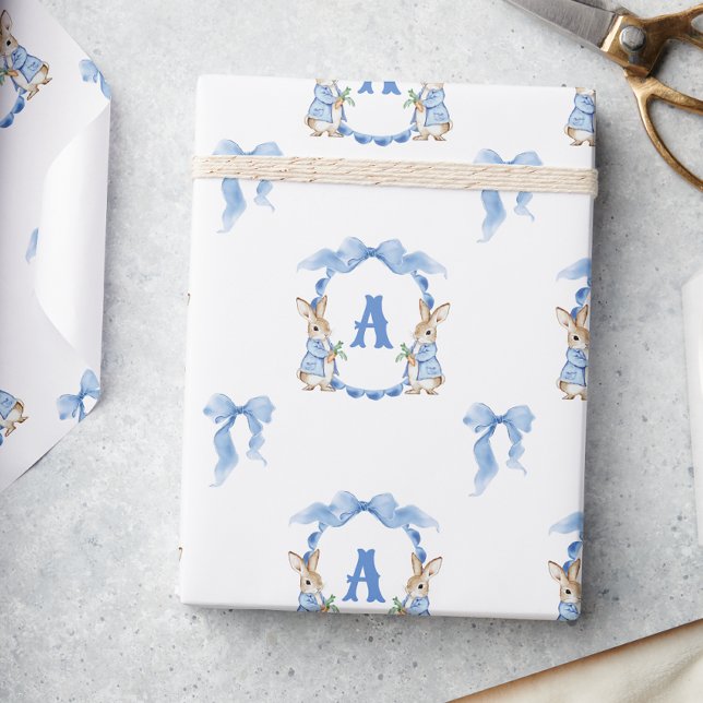 Blue Bunny Rabbit Gingham Monogram Crest Wrapping Paper (Creator Uploaded)