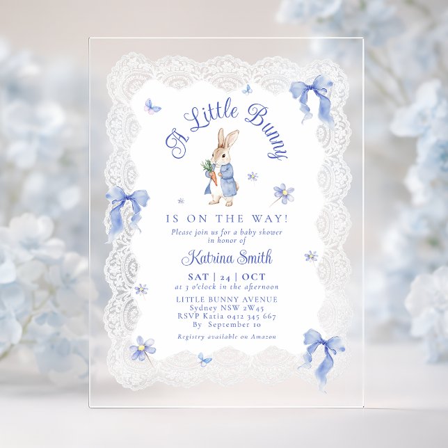 Blue Bunny Rabbit Lace Baby Shower Acrylic Invitations (Creator Uploaded)