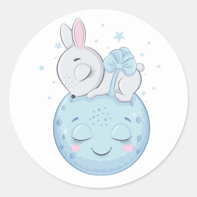 Blue Bunny Sitting Over a Moon  Classic Round Sticker (Front)