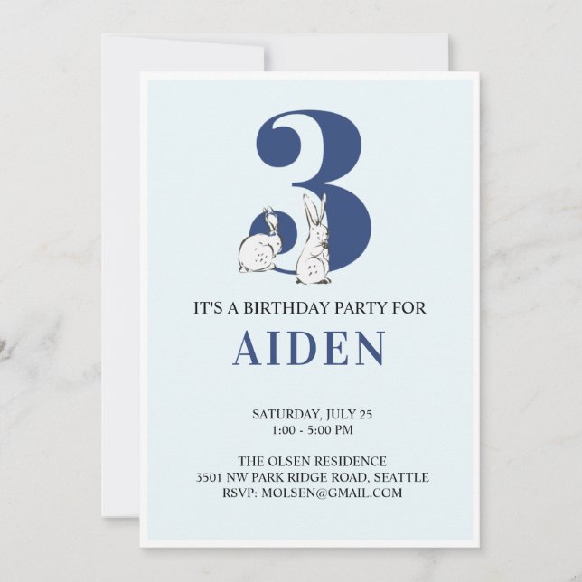 Blue Bunny Third Birthday Invitation (Front)