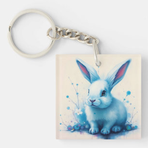Blue Bunny Watercolor Artwork Key Ring