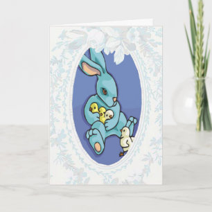 Blue Bunny With Flowers Easter Card