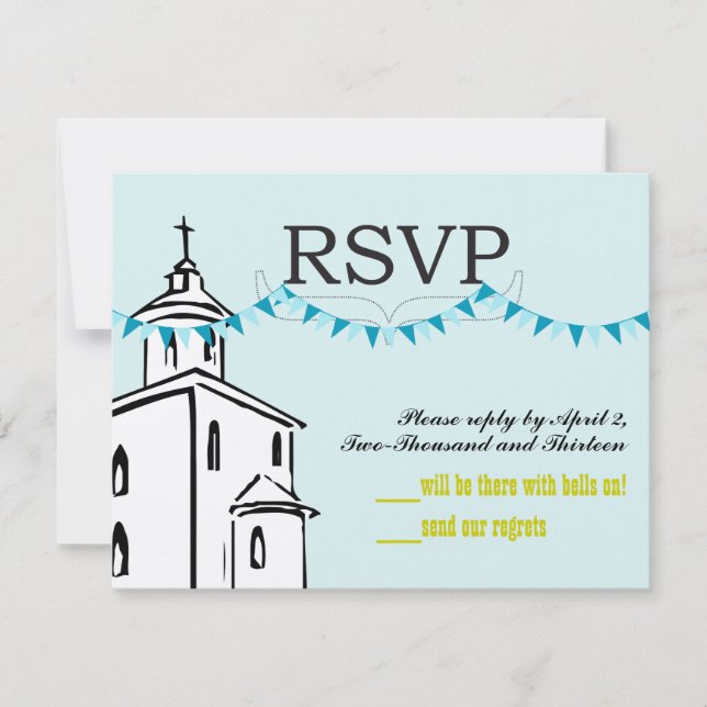 Blue Bunting Christian Cross on Steeple Chape RSVP Card (Front)