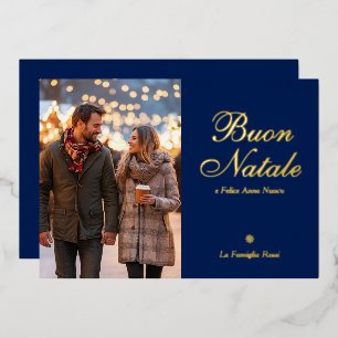 Blue Buon Natale e Felice Anno Nuovo Script Photo Foil Holiday Card