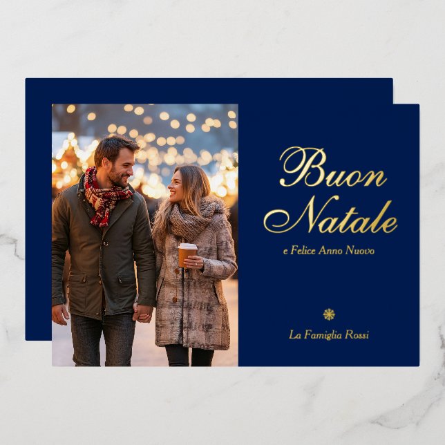 Blue Buon Natale e Felice Anno Nuovo Script Photo Foil Holiday Card (Front/Back)