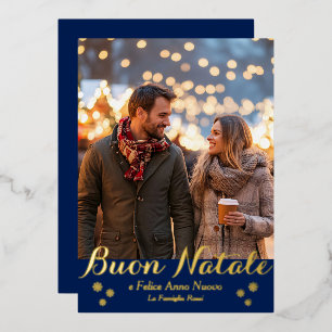 Blue Buon Natale e Felice Anno Nuovo Script Photo Foil Holiday Card
