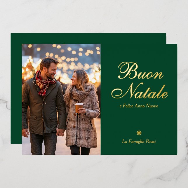 Blue Buon Natale e Felice Anno Nuovo Script Photo Foil Holiday Card (Front/Back)