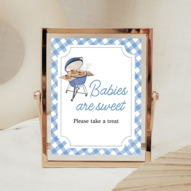Blue Burger BBQ Baby Shower Babies are Sweet Poster (Boy Backyard BBQ Baby Shower Babies are Sweet Sign)