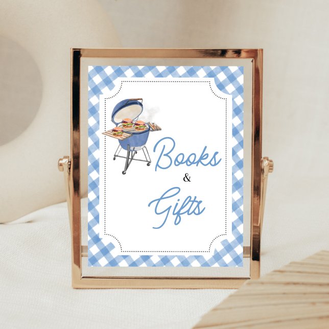 Blue Burger BBQ Baby Shower Books and Gifts Poster (Boy Backyard BBQ Baby Shower Books and Gifts Sign)