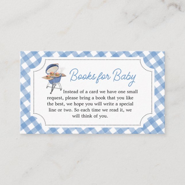 Blue Burger BBQ Baby Shower Books for Baby Enclosure Card (Front)