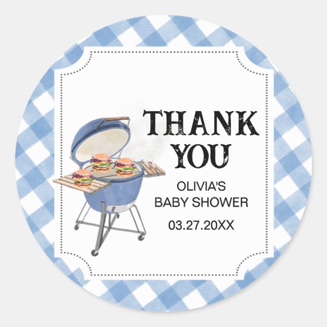 Blue Burger BBQ Baby Shower  Classic Round Sticker (Front)
