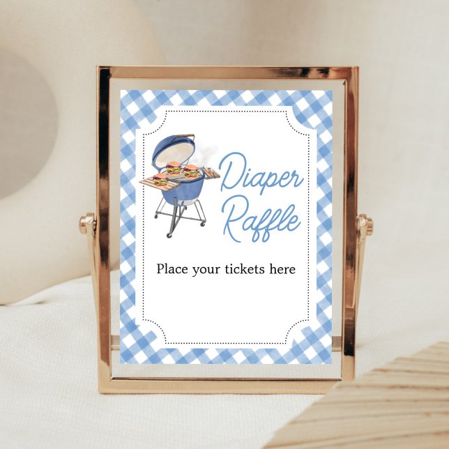 Blue Burger BBQ Baby Shower Diaper Raffle Poster (Boy Backyard BBQ Baby Shower Diaper Raffle Sign)