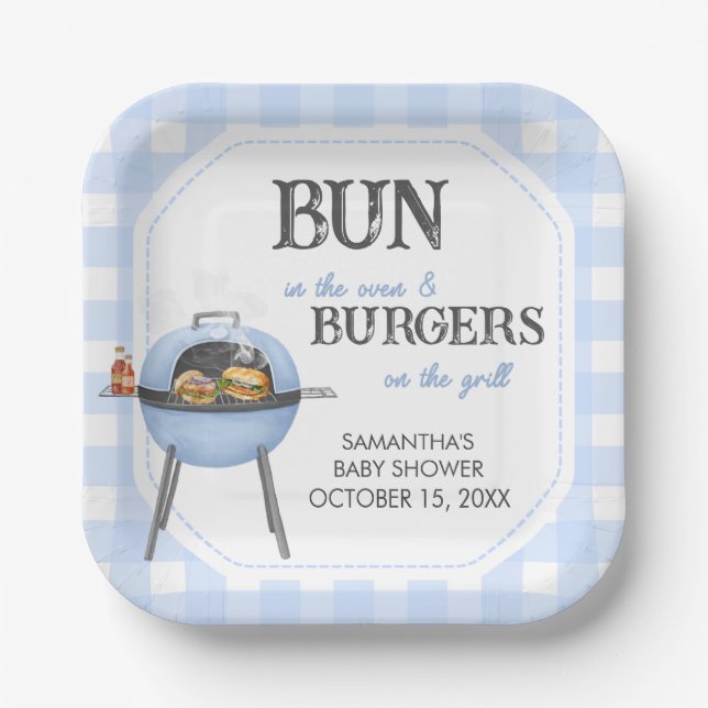 Blue Burger BBQ Baby Shower Paper Plate (Front)