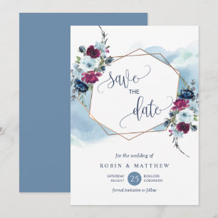 Blue, Burgundy and Berry Floral, Elegant Wedding Save The Date