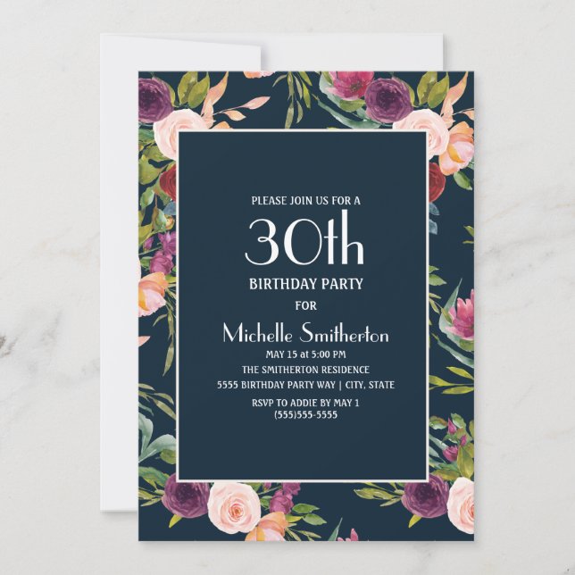 Blue Burgundy Blush Floral 30th Birthday Invitation (Front)