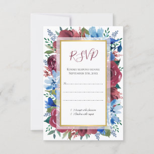 Blue Burgundy Botanical Floral Gold Wedding RSVP Card