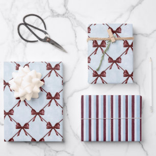 Blue Burgundy Bows Birthday Wrapping Paper Sheet