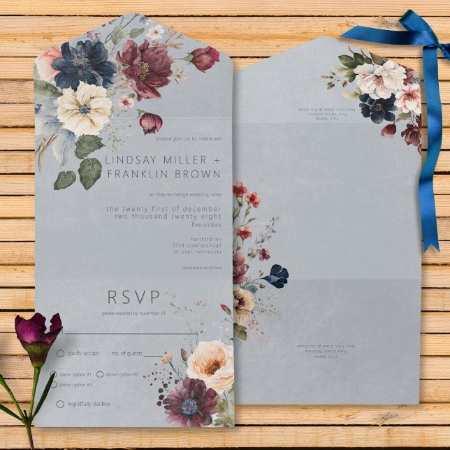 Blue Burgundy & Cream Rustic Floral Blue Dinner All In One Invitation (Blue Burgundy & Cream Rustic Floral Blue All In One Wedding Invitation with Dinner Options)