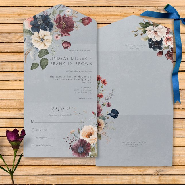 Blue Burgundy & Cream Rustic Floral Blue No Dinner All In One Invitation (Blue Burgundy & Cream Rustic Floral Blue All In One Wedding Invitation without Dinner Options)