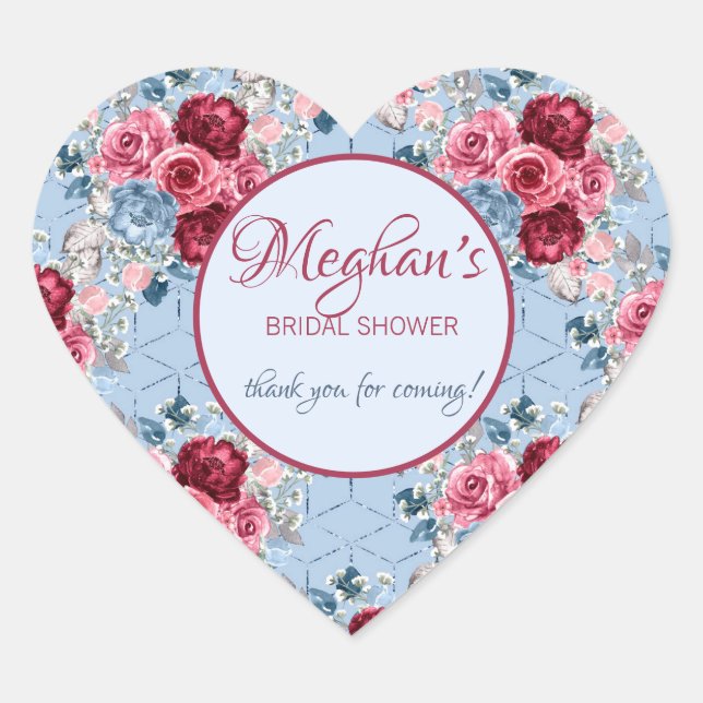 Blue & Burgundy Floral Bridal Shower Thank You  Heart Sticker (Front)