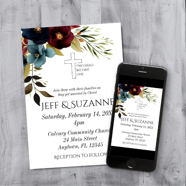 Blue Burgundy Floral Cross Two Are One Christian Invitation (Blue Burgundy Floral Cross Two Become One Wedding Invitation)