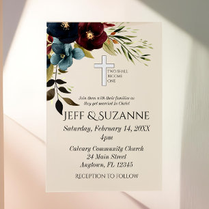 Blue Burgundy Floral Cross Two Become One  Vellum Invitations