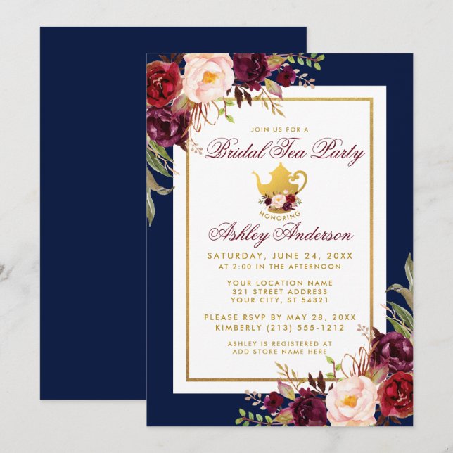 Blue Burgundy Floral Gold Bridal Tea Party Invite (Front/Back)
