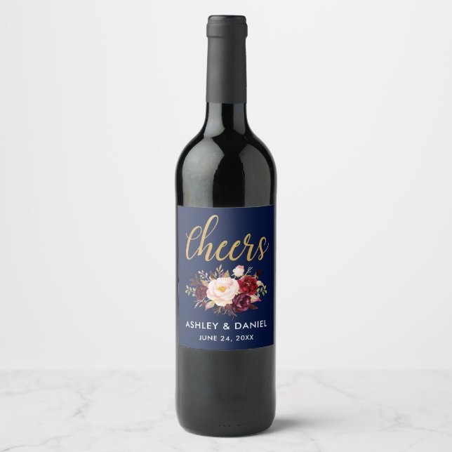 Blue Burgundy Floral Gold Wedding Cheers Wine Label (Front)