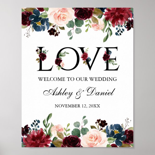 Blue Burgundy Floral Love Wedding Welcome Poster (Front)
