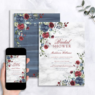 Blue Burgundy Floral Marble Script Elegant Bridal Invitation
