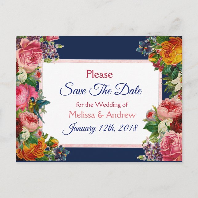 Blue Burgundy Floral Save the Date Postcard (Front)