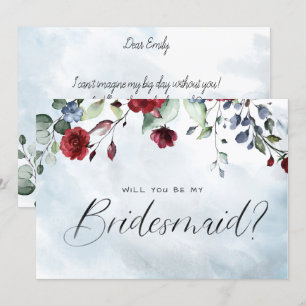 Blue Burgundy Floral Watercolor Script Bridesmaid Invitation