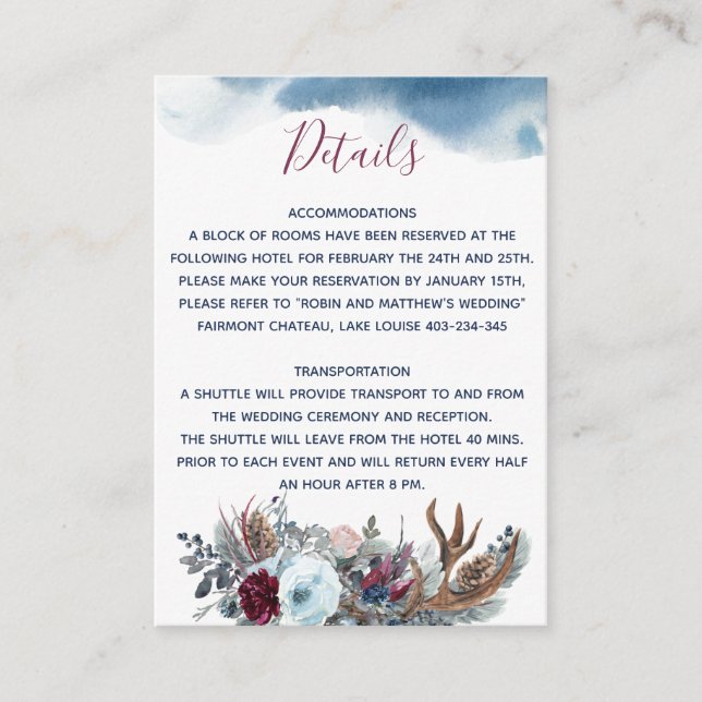 Blue, Burgundy Floral Wedding Details and Website Enclosure Card (Front)