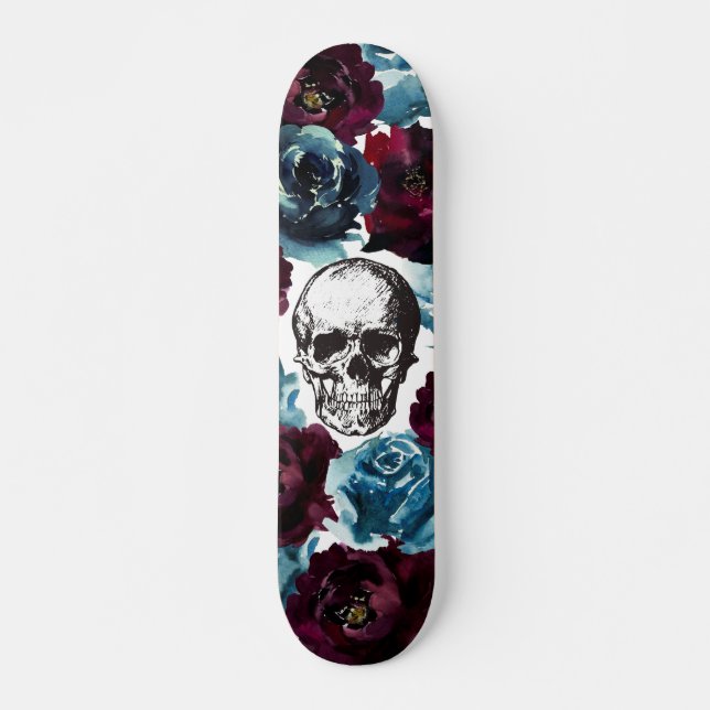 Blue Burgundy Flowers Skull GIrly Edgy Skateboard (Front)