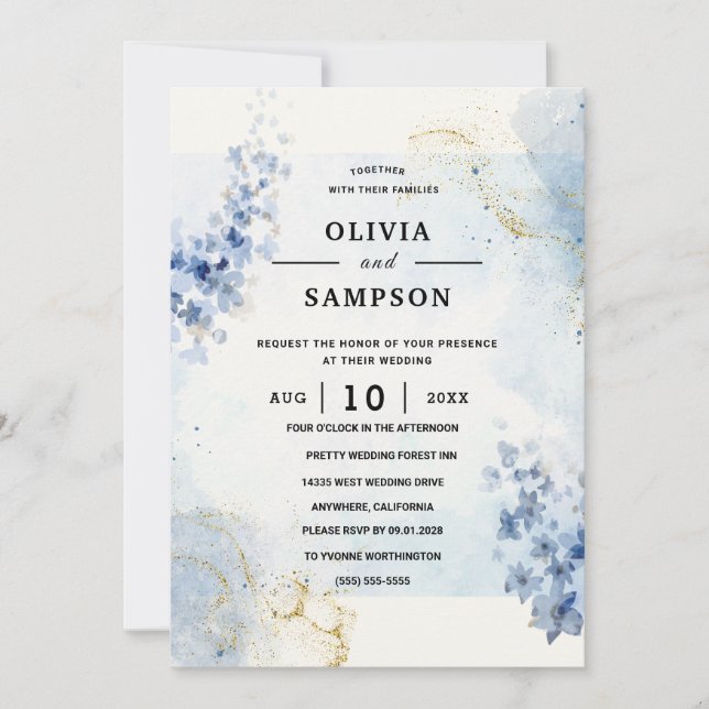 Blue Burgundy Gold Blush Pink Wedding Invitation (Front)