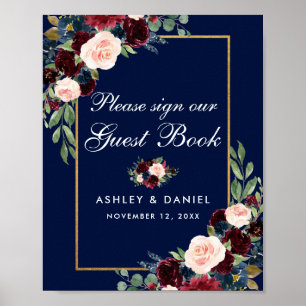 Blue Burgundy Gold Floral Wedding Guest Book