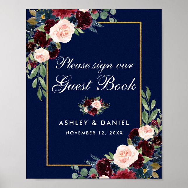 Blue Burgundy Gold Floral Wedding Guest Book (Front)