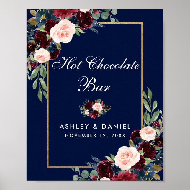 Blue Burgundy Gold Floral Wedding Hot Chocolate Poster (Front)
